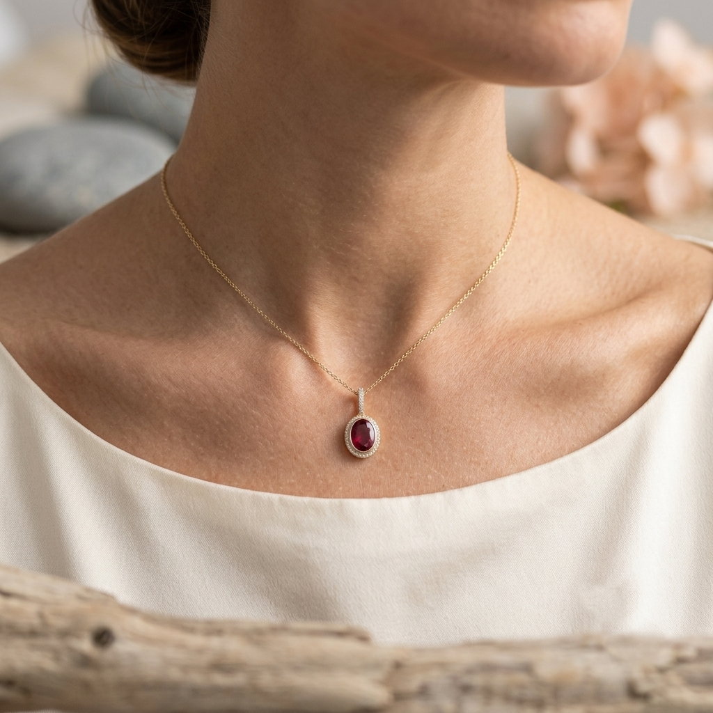 A close-up lifestyle shot of a woman wearing a delicate gold chain necklace with a teardrop-shaped red gemstone pendant set in a gold bezel.