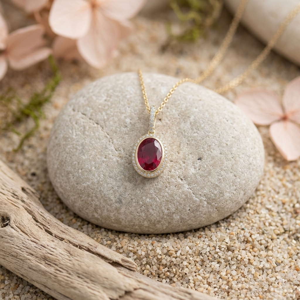 Gold pendant necklace with an oval red gemstone and a halo of small clear stones, displayed on a smooth gray stone over sand with soft pink flowers and driftwood.