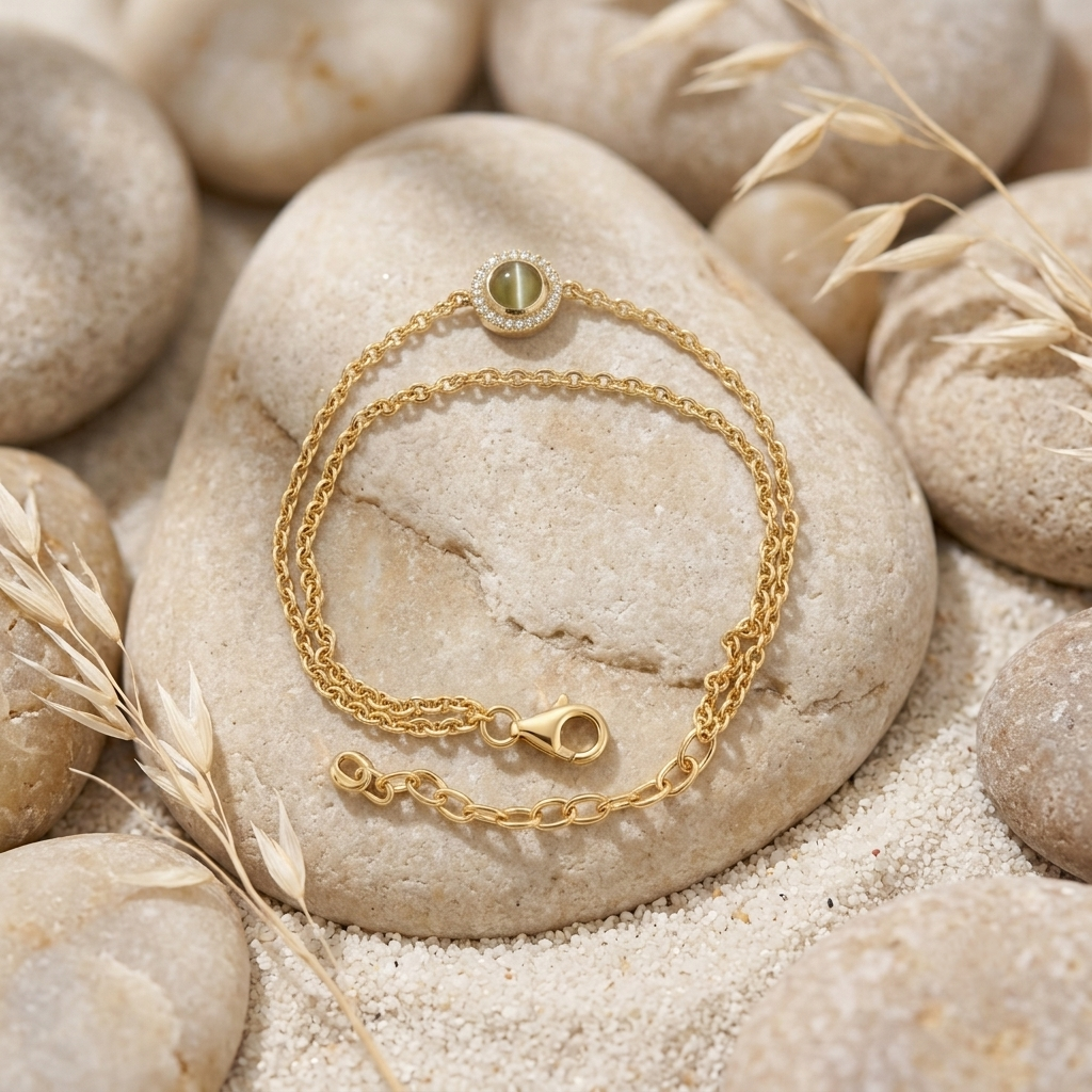 Life Stone natural cat's eye bracelet in 925 sterling silver with gold rhodium plating and diamond accents