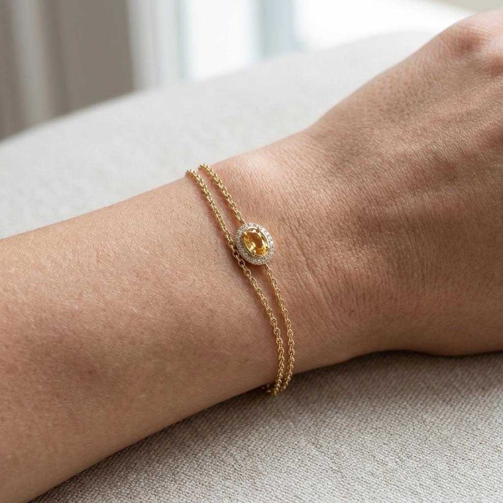 Life Stone natural yellow sapphire bracelet in 925 sterling silver with gold rhodium plating and diamond accents