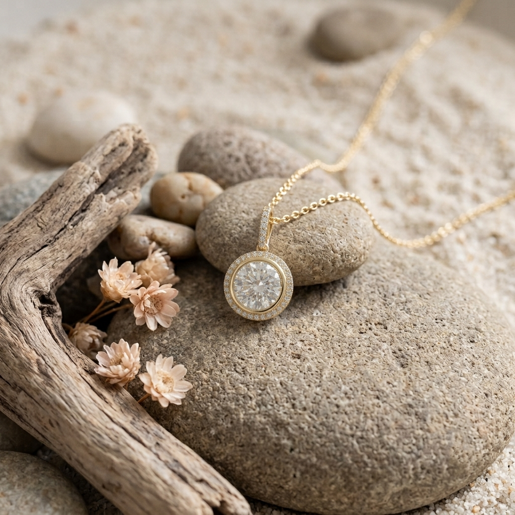 A gold pendant necklace with a clear round stone is displayed on smooth stones and driftwood in a sandy setting. The pendant is surrounded by a halo of small clear stones, and the chain extends toward the upper right.