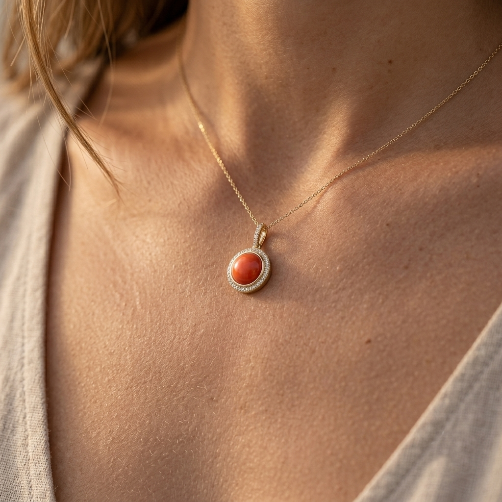 A close-up lifestyle shot of a woman's neck and chest wearing a delicate gold chain necklace with a round coral pendant surrounded by a halo of small clear stones.