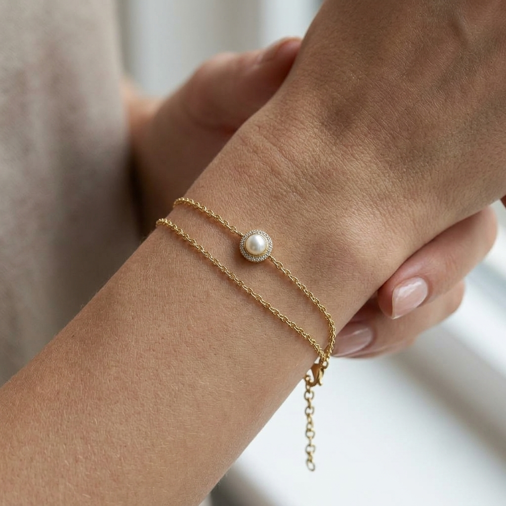 Life Stone natural pearl bracelet in 925 sterling silver with gold rhodium plating and diamond accents
