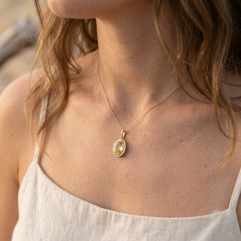 A close-up lifestyle shot of a woman wearing a delicate gold chain necklace with an oval pendant featuring a yellow center stone and a halo of small clear stones.